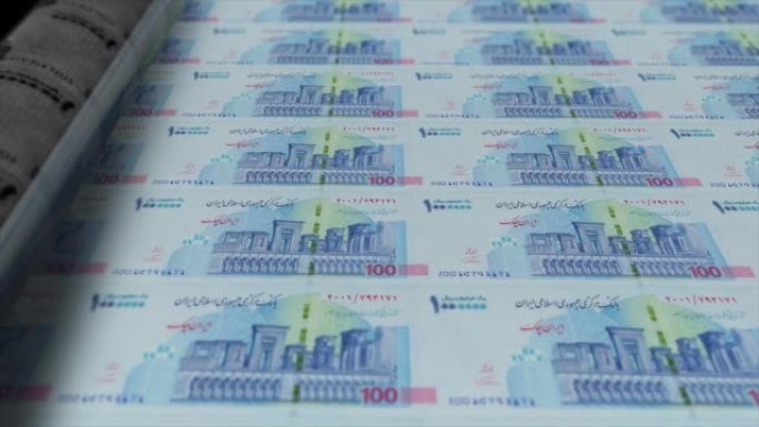 伊朗，伊朗里亚尔印刷机打印出当前1000000里亚尔钞票，无缝循环，伊朗货币背景，4K，聚焦深度Sm