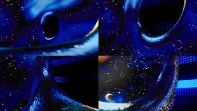 超空间通过星系中的黑洞跳到另一个维度。3D视频时空穿越太空中以极速光速飞行的星域。