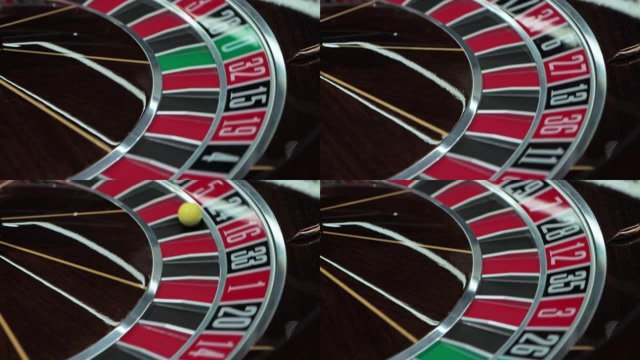 欧洲赌场，轮盘顺时针旋转，旋转。球在24号黑色上。赌博ludopathy。财富风险机会。幸运的夜生活