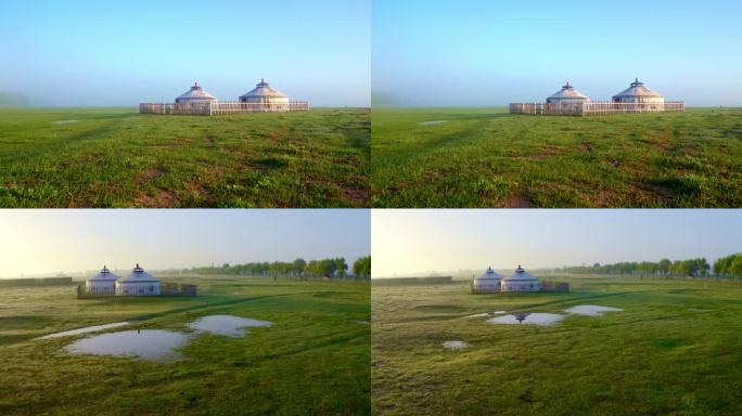 草原 蒙古包 雾 清晨 绿