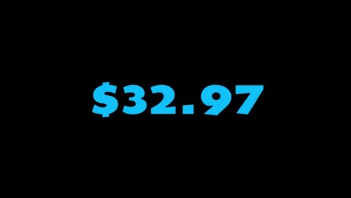 价格计数器动画-结帐运动图形股票视频-它到0美元到100美元-孤立的黑色和蓝色屏幕背景