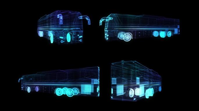 城市公共汽车。卡车。三维模型总线的辉光点和线形成。旋转。无缝循环4k动画。三维数字技术可视化
