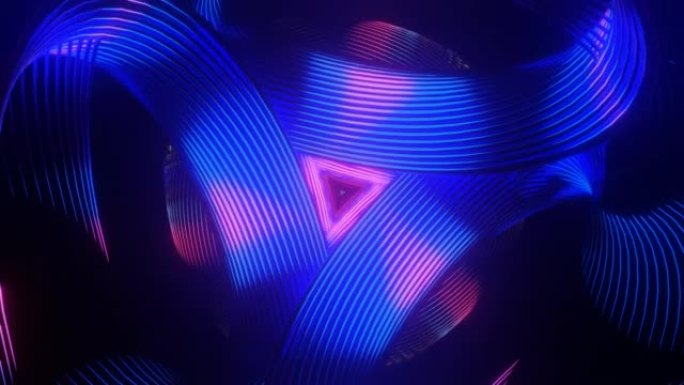 脉动霓虹蓝色紫色旋转背景VJ循环。音乐舞台过渡，表演，复古，hitech的3D图形。
