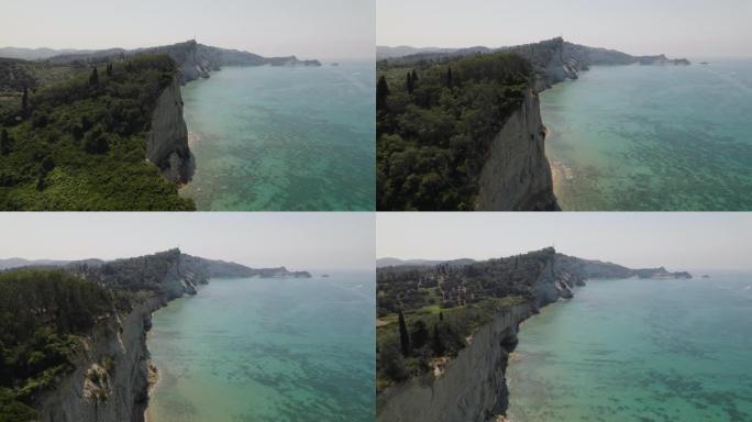 希腊科孚岛，白石悬崖，绿松石海景，无人机飞越西达里海岸线