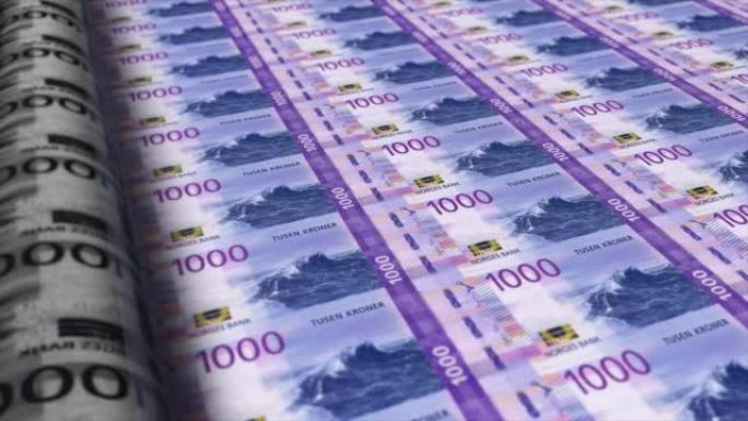 挪威，挪威克朗印刷机打印出当前1000克朗钞票，无缝循环，挪威货币背景，4K，聚焦深度Smoot和尼