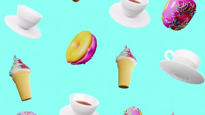 3D甜食掉落蓝屏动画，甜甜圈，咖啡，茶，冰淇淋，无缝循环动画