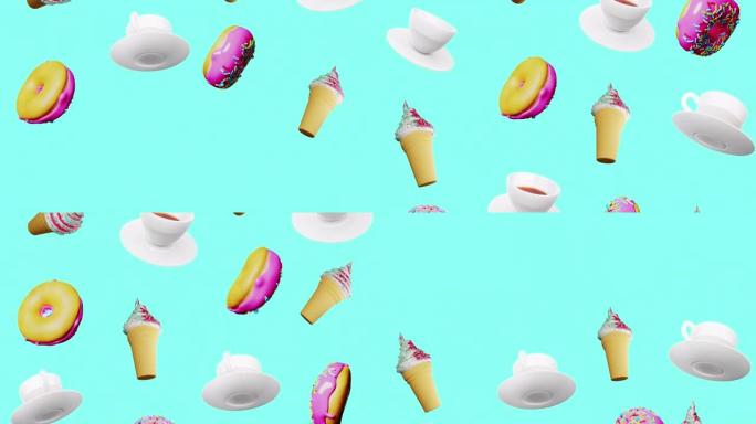 3D甜食掉落蓝屏动画，甜甜圈，咖啡，茶，冰淇淋，无缝循环动画