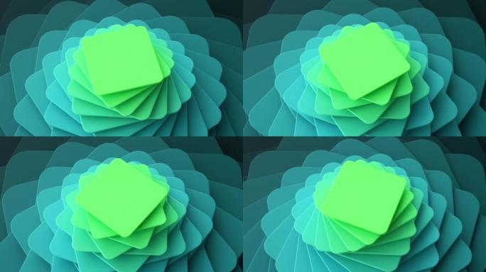 循环3d动画，抽象几何背景。薄荷蓝绿色渐变。空白方牌顺时针旋转。移动彩色图层