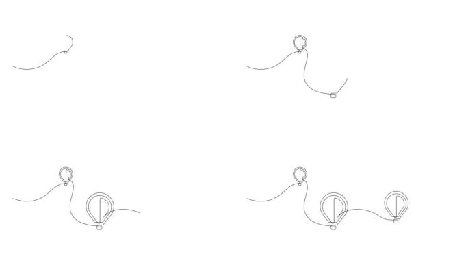 三个热气球飞行的连续线条图。4k全长度自画动画。