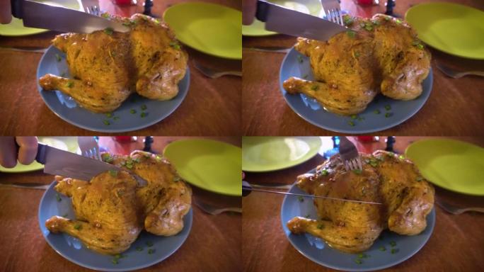感恩节食物。切块烤鸡，火鸡放在桌子上。鲜肉。特写