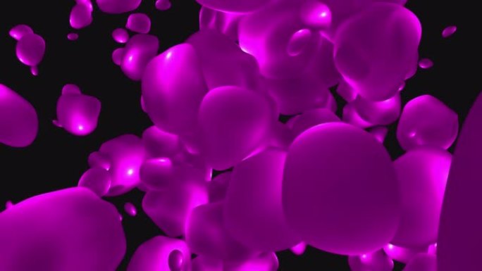 抽象背景与明亮的紫色飞行液体气泡发光能量魔术圈和球下降在高分辨率4k动画运动设计