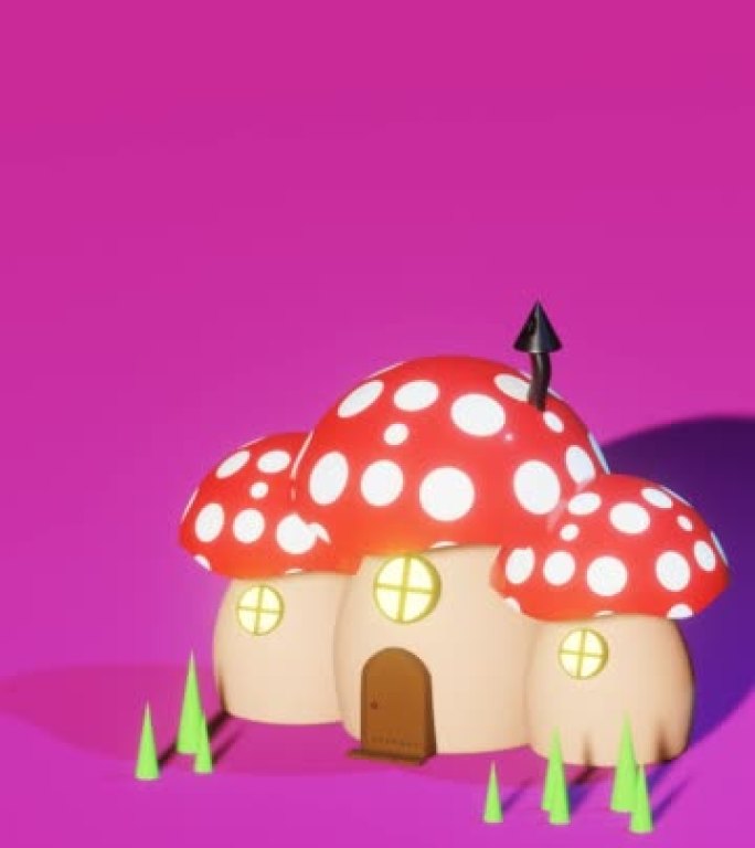 粉红色背景上的红色小蘑菇屋的垂直3D渲染平移动画