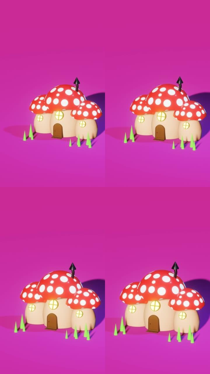 粉红色背景上的红色小蘑菇屋的垂直3D渲染平移动画