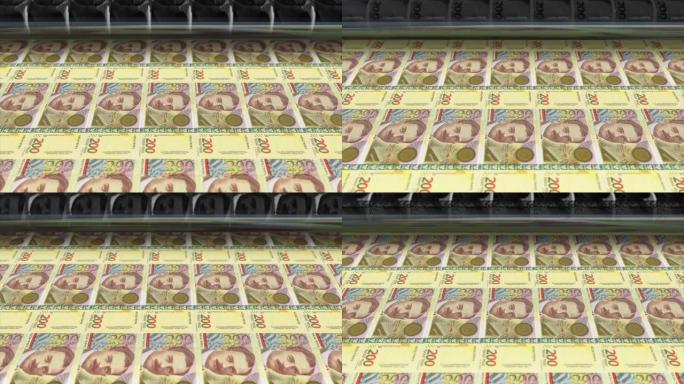安哥拉，格鲁吉亚拉里印刷机打印出当前200拉里钞票，无缝循环，格鲁吉亚货币背景，4K，聚焦深度Smo
