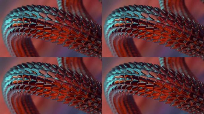金属蛇体移动特写红色背景3D 4k循环动画