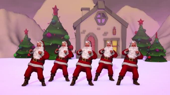 穿着红色西装的五个欢快的圣诞老人正在跳舞。3d渲染