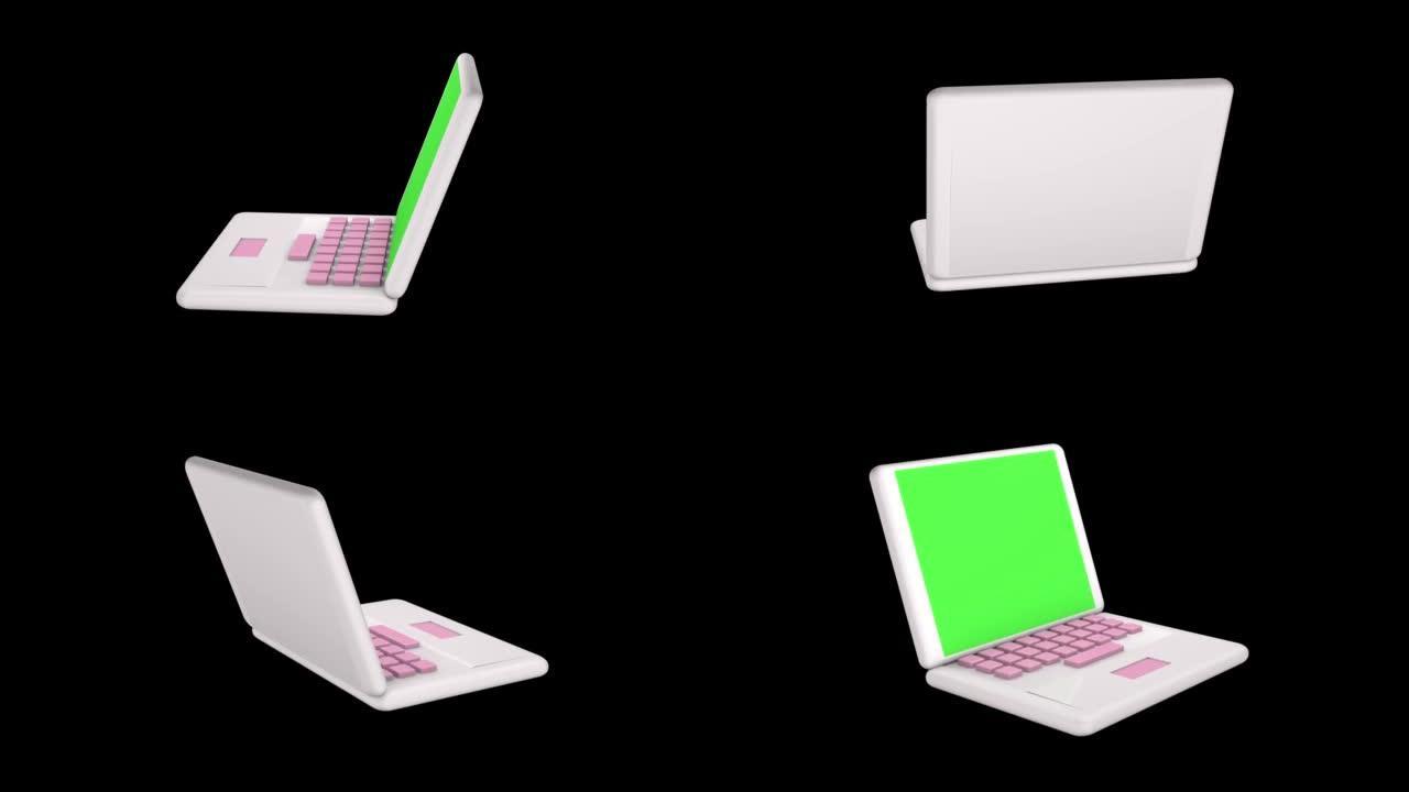 彩色键背景下笔记本电脑的动画。3D动画。