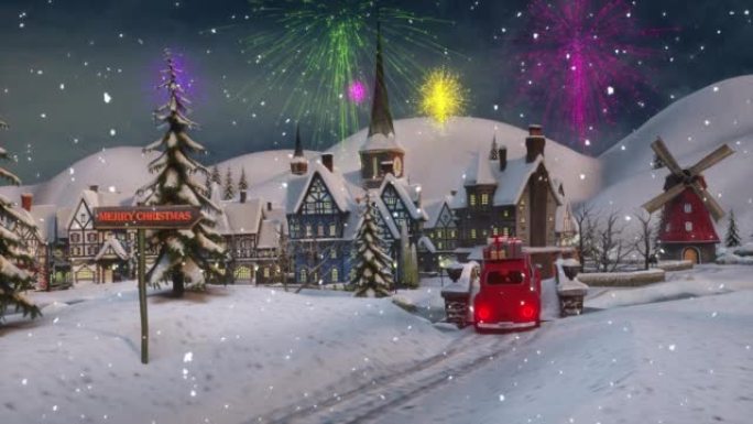 圣诞老人圣诞动画。有趣的圣诞老人在节日的冬季城市乘坐带礼物的红色汽车。烟花。