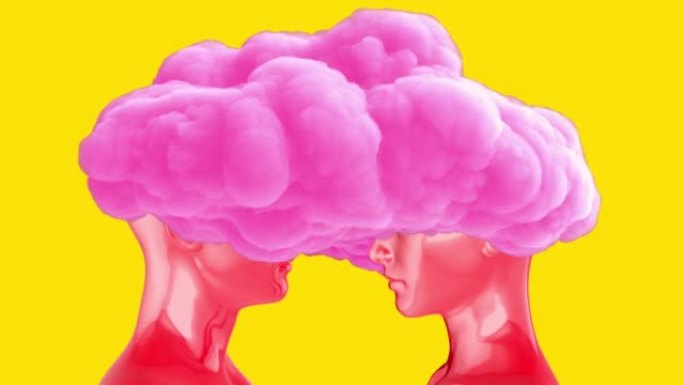 女人和男人红色的身体，头上有粉红色的云。创意现代定格风格的现实3d艺术构图。最小抽象图形概念设计。时