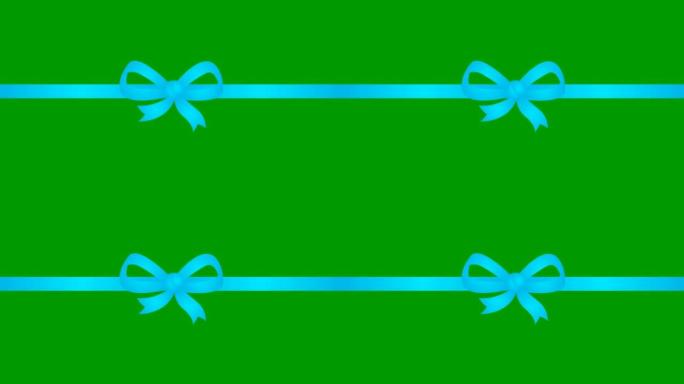 带蝴蝶结的动画蓝丝带。矢量插图孤立在绿色背景上。