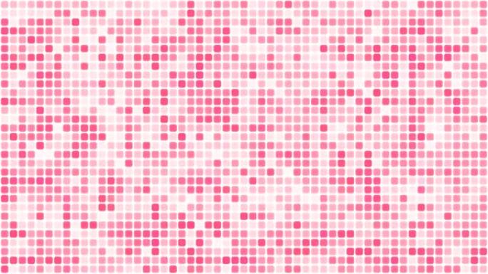 白色背景循环上的红色粉色浮动网络方块。慢速混沌像素拼接无缝动画。
