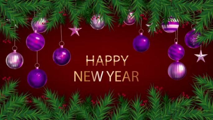 动画紫色球，红色屏幕上有文字新年快乐，用于设计圣诞节或新年模板。