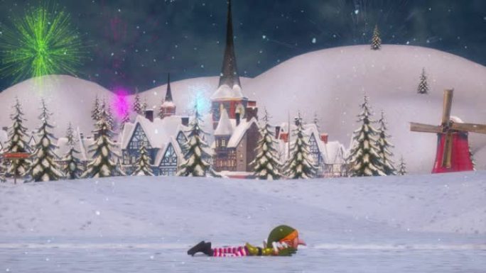圣诞老人圣诞动画。有趣的圣诞老人和精灵骑着雪橇带着礼物穿越森林。圣诞节和新年的概念。无缝循环。