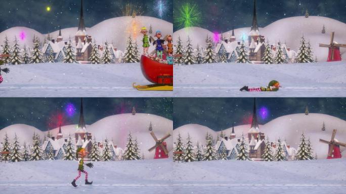 圣诞老人圣诞动画。有趣的圣诞老人和精灵骑着雪橇带着礼物穿越森林。圣诞节和新年的概念。无缝循环。