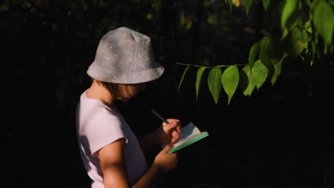 漂亮的孩子女孩博物学家探索植物和昆虫的生活记笔记他的笔记本