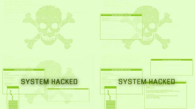 系统黑客警告动画。检测到设备感染了病毒。数据泄露、恶意软件、网络攻击、黑客概念未来背景。4K