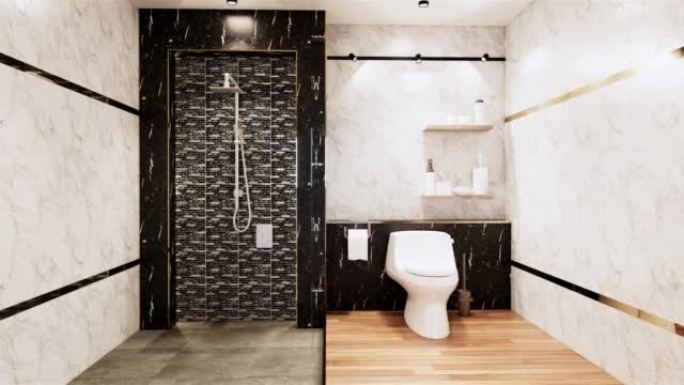 花岗岩瓷砖白色和黑色墙壁设计厕所，房间现代风格。3D插图渲染