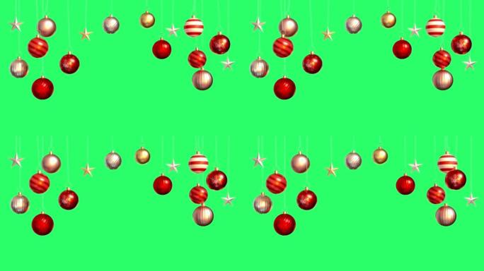 动画红色球隔离在绿色背景上，用于设计圣诞节或新年模板。