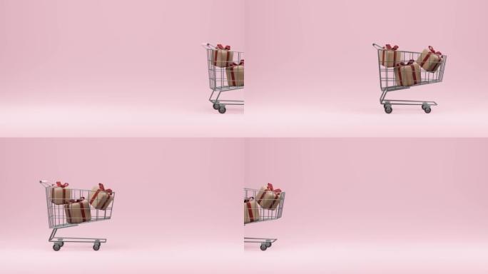 3D动画购物车，里面装满了粉色背景包装的礼物。带有礼物的超市车轮篮的模型设计，假日购物和销售季节的概