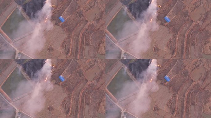 湖南农村焚烧秸秆 失火 救火 火灾航拍
