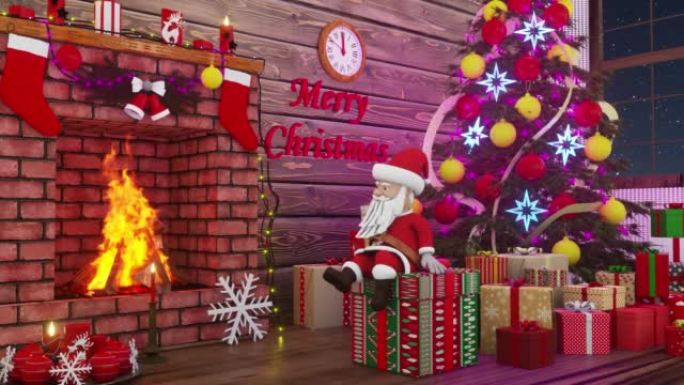 圣诞老人坐在一个装有圣诞礼物的盒子上，在五颜六色的圣诞树下晃来晃去。圣诞快乐，新年快乐动画。无缝循环