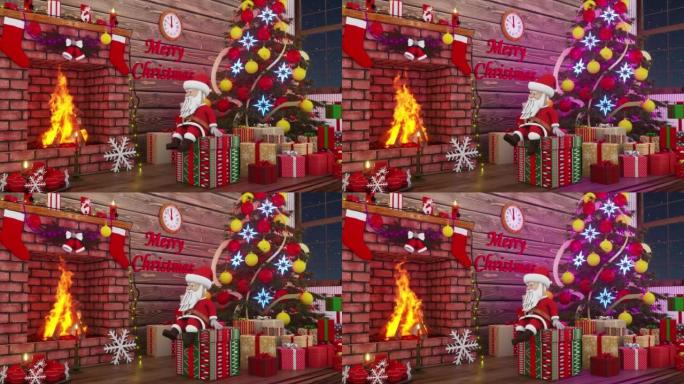 圣诞老人坐在一个装有圣诞礼物的盒子上，在五颜六色的圣诞树下晃来晃去。圣诞快乐，新年快乐动画。无缝循环