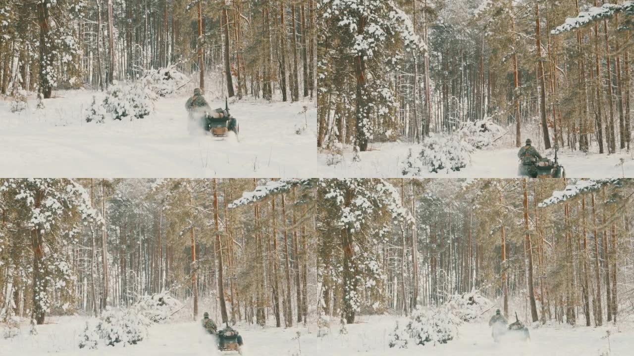 4k重新演员打扮成第二次世界大战德国国防军步兵在冬季白雪皑皑的森林中驾驶旧Tricar，三轮摩托车