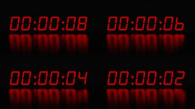 红色发光二极管数字定时器倒计时黑色背景浅3D动画