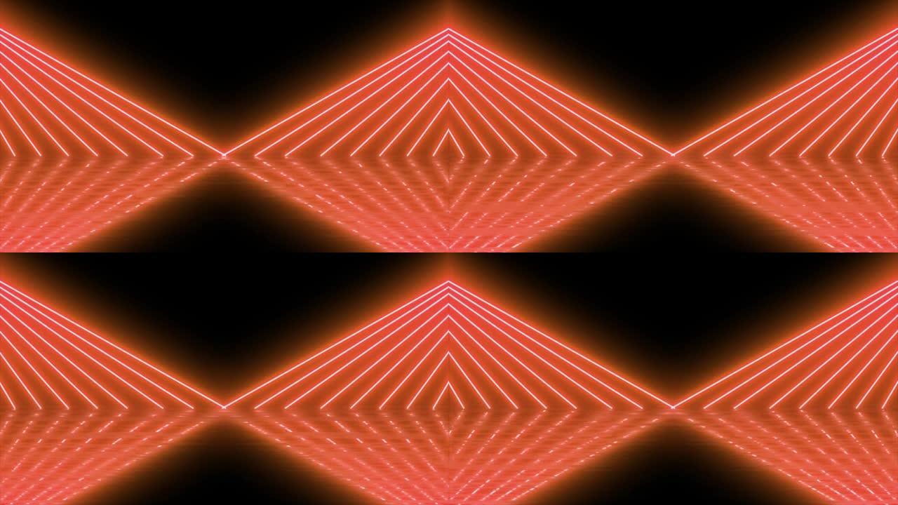 现代七彩灯光，霓虹灯发光4k动画场景。抽象混沌橙色霓虹灯线荧光紫外光。