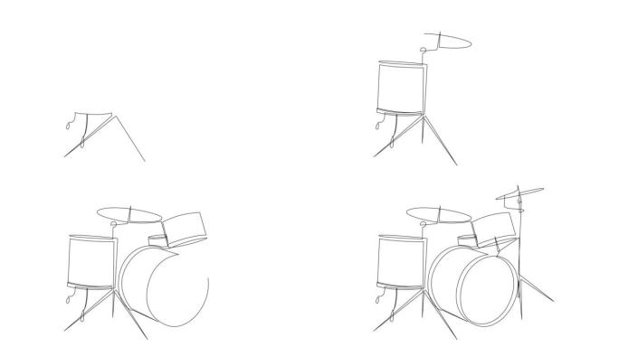 鼓乐器连续线描的自画动画。鼓集简约线条设计。全长一行动画插图。