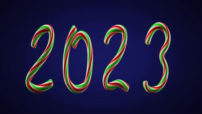 新年。数字2022 2023年变化。深蓝色背景上的圣诞糖果人物。3d