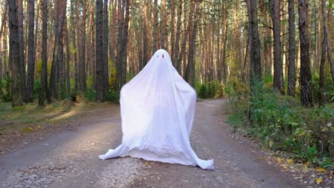 一个穿着床单的孩子，像在秋天的森林里跳舞的幽灵服装一样，眼睛被剪掉了。一个善良的有趣的小鬼。万圣节派