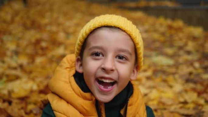 一个有趣的男孩的肖像，没有两颗牙齿坐着，秋天在枫叶大自然中欢笑。他穿着黄色背心，针织帽和绿色毛衣。