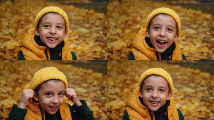 一个有趣的男孩的肖像，没有两颗牙齿坐着，秋天在枫叶大自然中欢笑。他穿着黄色背心，针织帽和绿色毛衣。