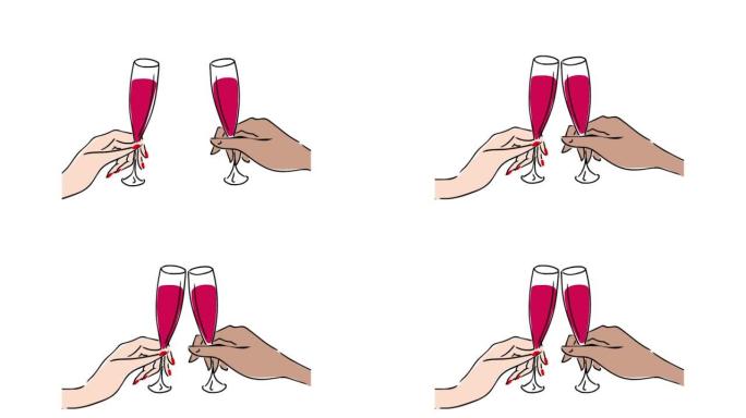 一个男人和一个女人的手拿着一杯酒。庆祝活动