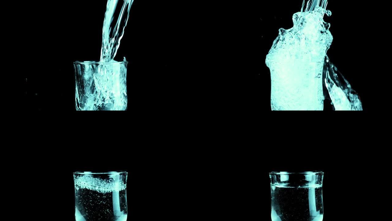 一股水被倒入黑色背景上的玻璃酒杯中，并产生飞溅的水。慢动作。