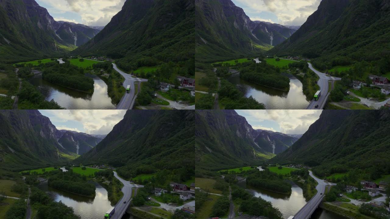 挪威绿松石湖附近道路上汽车的鸟瞰图