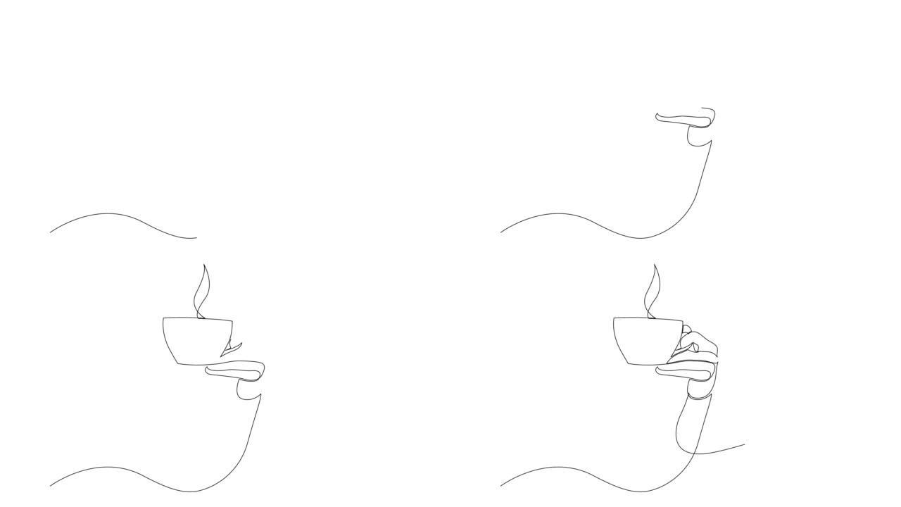 手拿着一杯热咖啡或茶的自画线动画。白色背景上的黑线。4k和高清视频。
