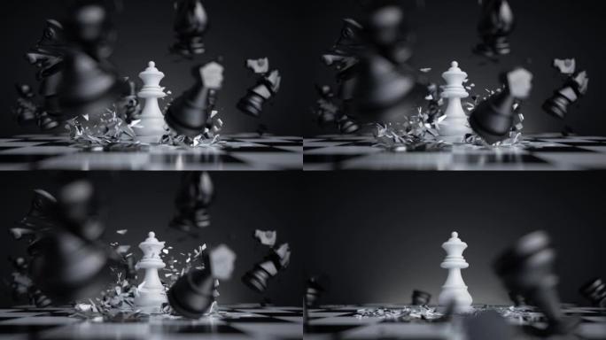 3d动画，棋局对战，白皇后棋子跳下来，攻击性攻击。成功战略，双赢理念