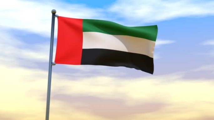 在紫色的日落天空背景上挥舞着阿联酋国旗